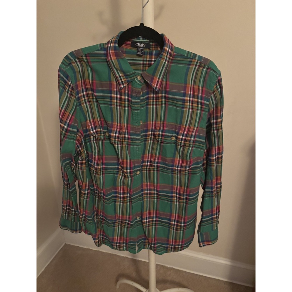 Chaps long sleeve button up green plaid size 1X